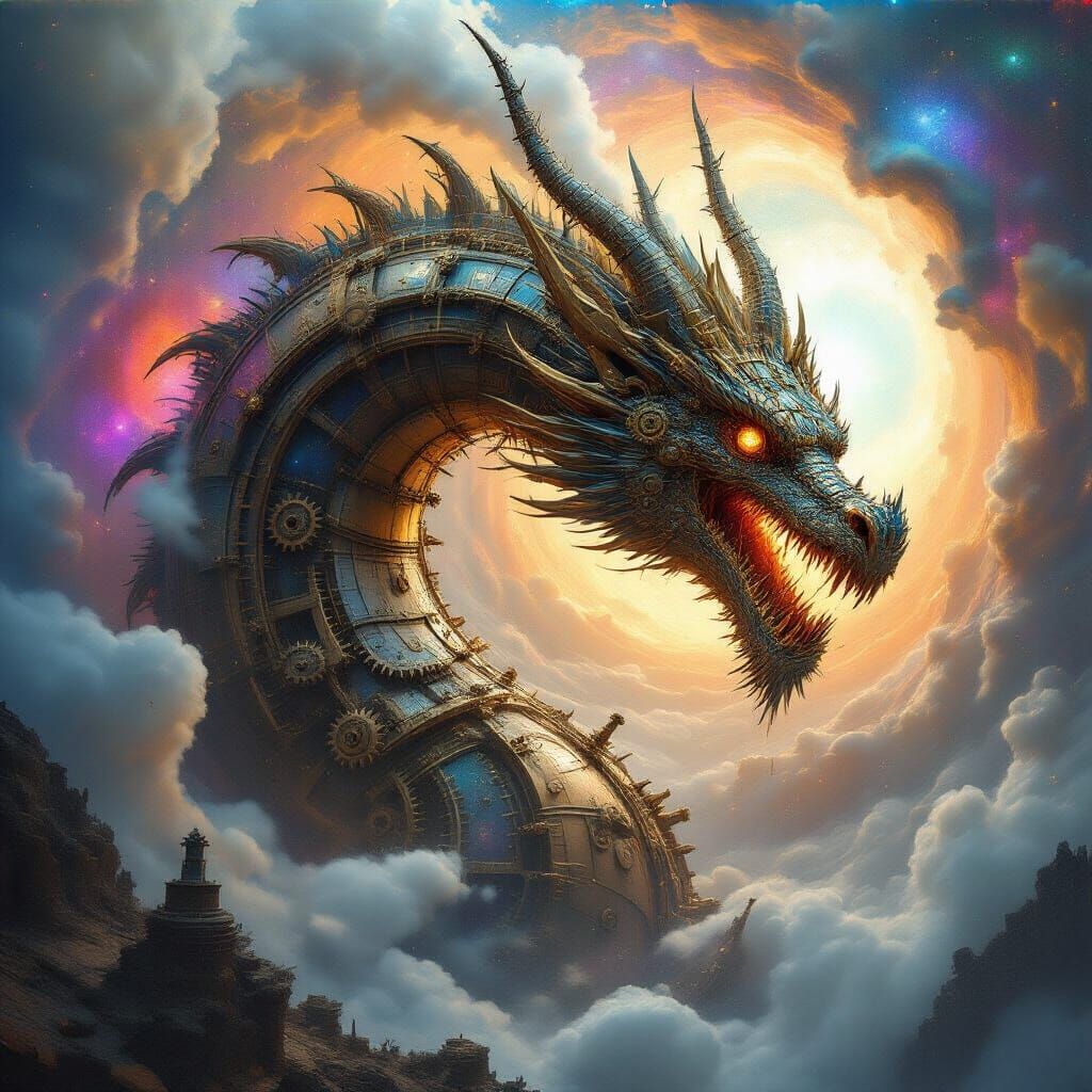 Clockwork Dragon Emerges from Starlight Vortex