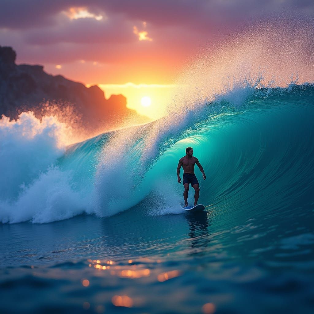 Surfer Rides a Turquoise Wave in Dreamlike Seascape