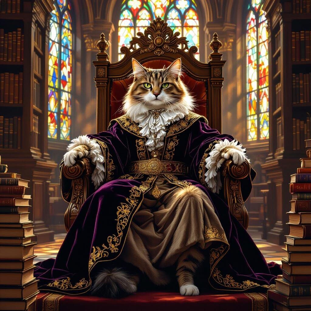Majestic Cat on Book Throne in Baroque Style