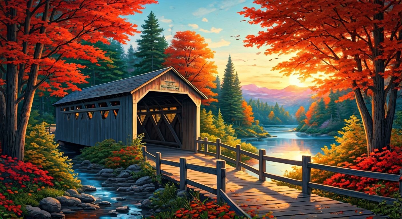 Autumn Covered Bridge Landscape in Kinkade Style