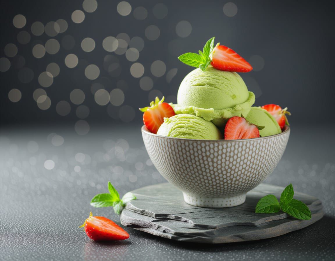 Exotic Matcha Ice Cream Bowl with Bokeh Effect