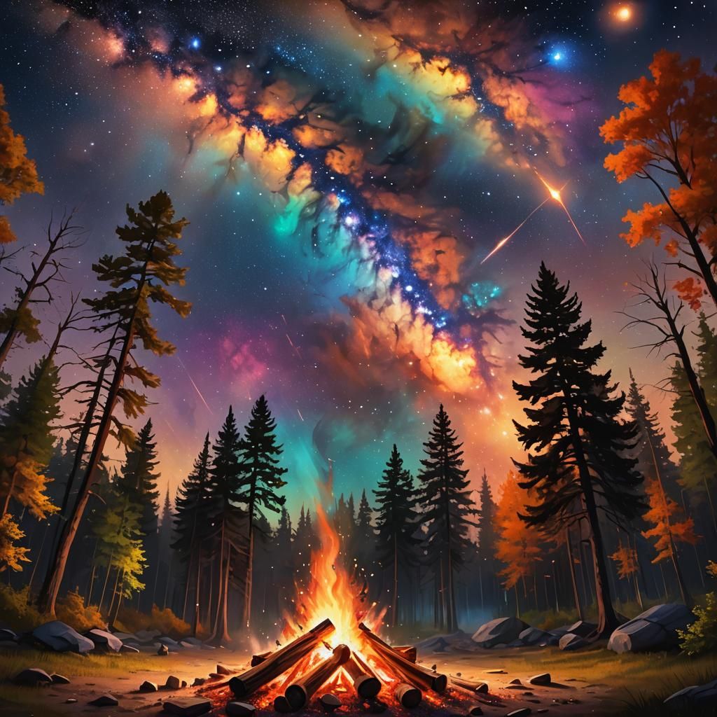 Campfire Under Colorful Night Sky: Digital Art