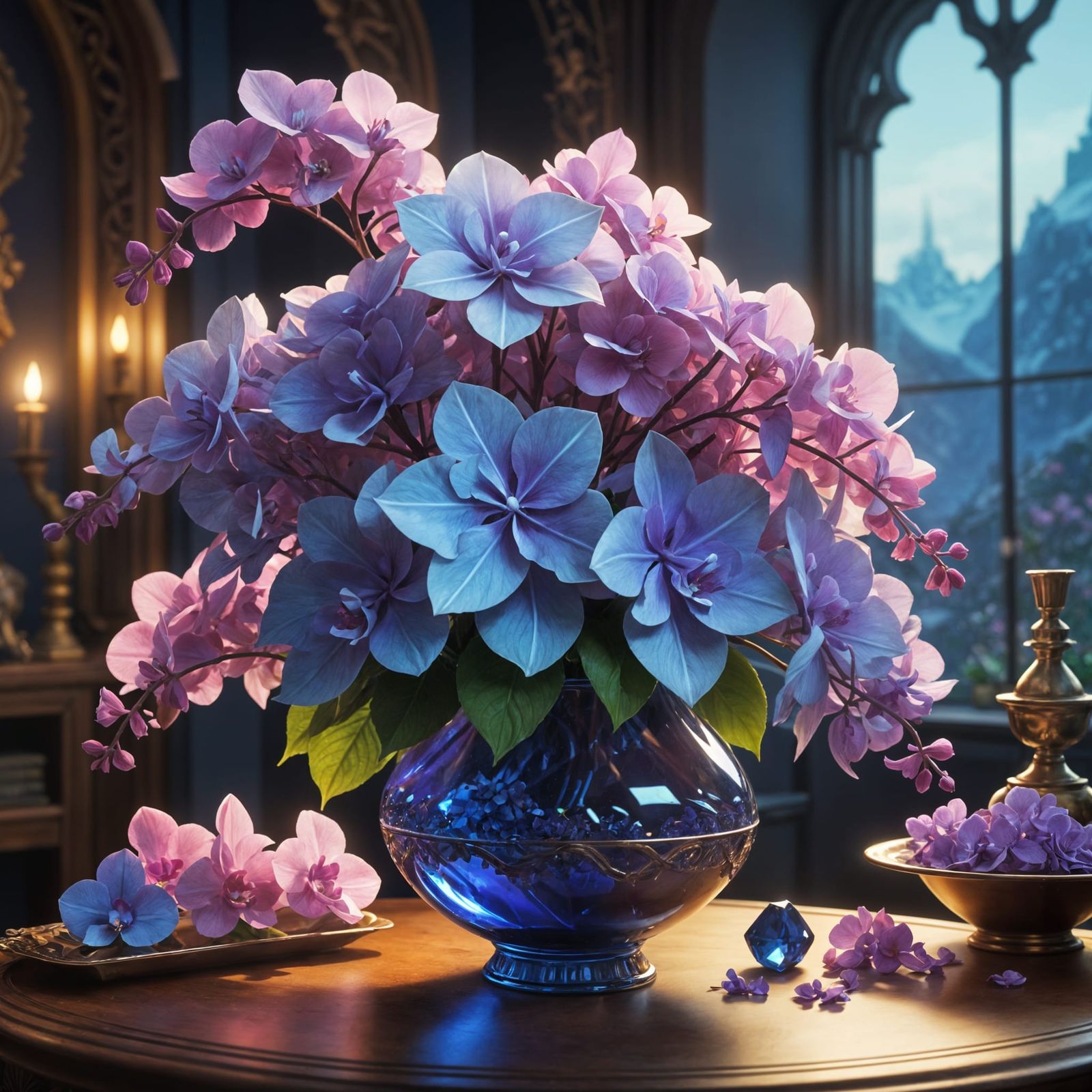 Crystal Glass Flower Arrangement: Hydrangea, Phlox, Orchid