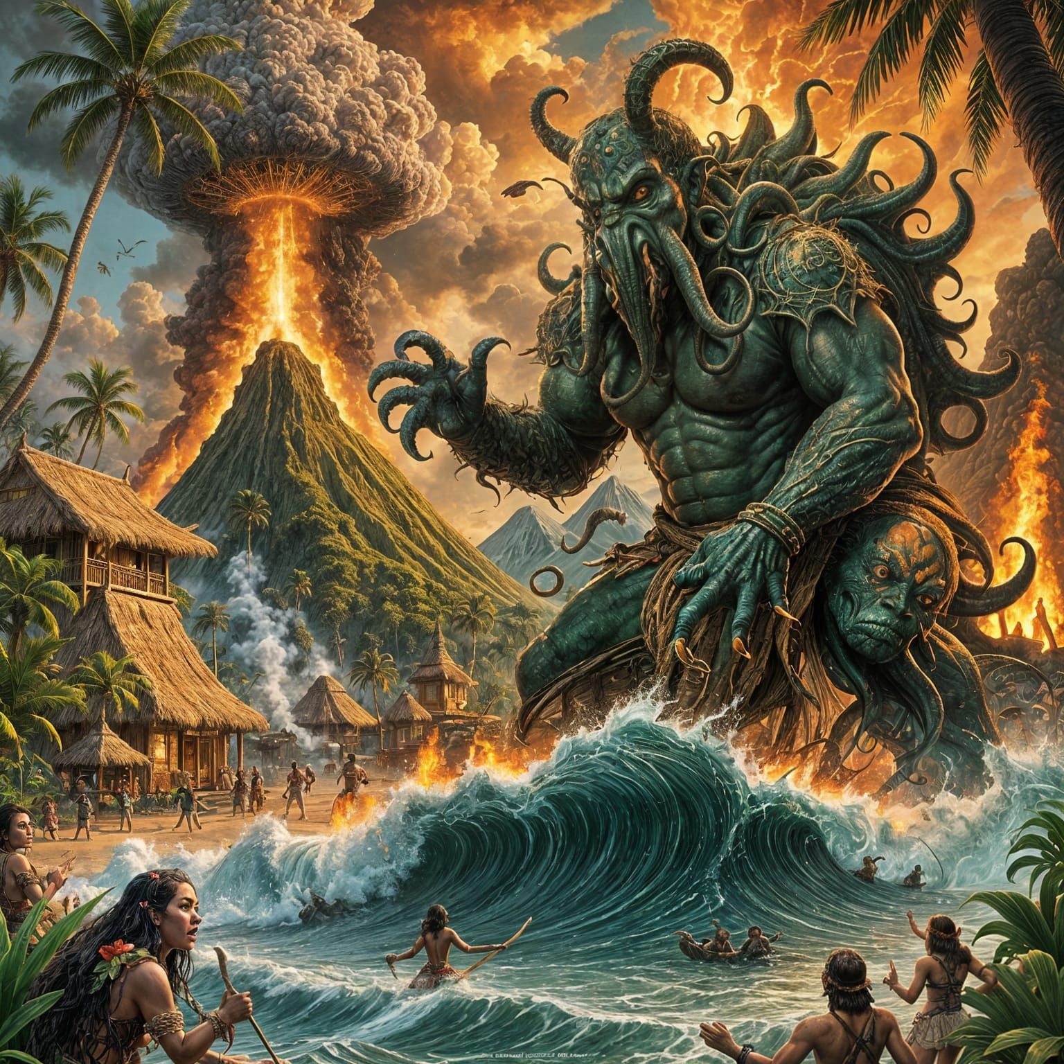 Cthulhu on Tropical Island in Dark Fantasy Style