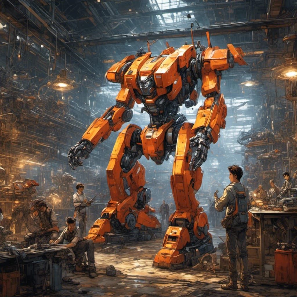 “Mechanical Titan In A Workshop"