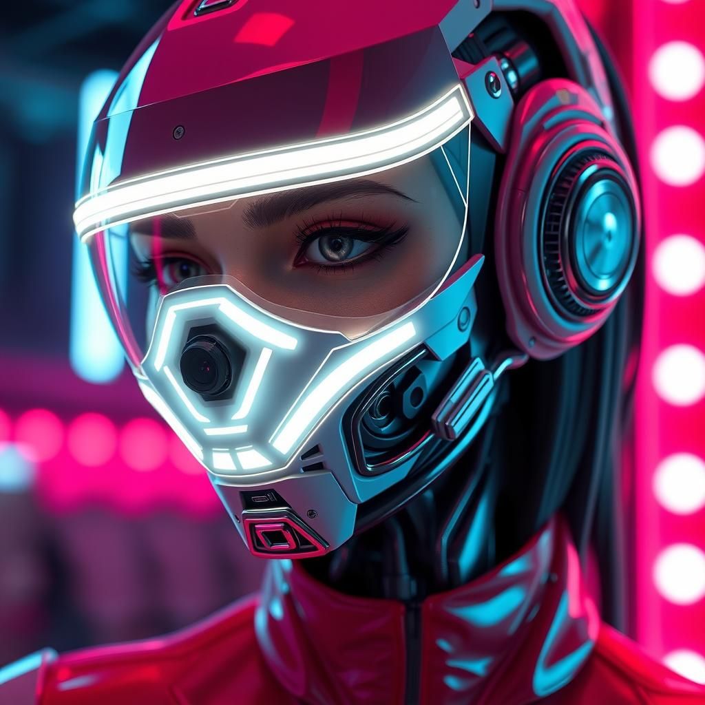 beautiful female mechanical cyborg with neon white plastic v...