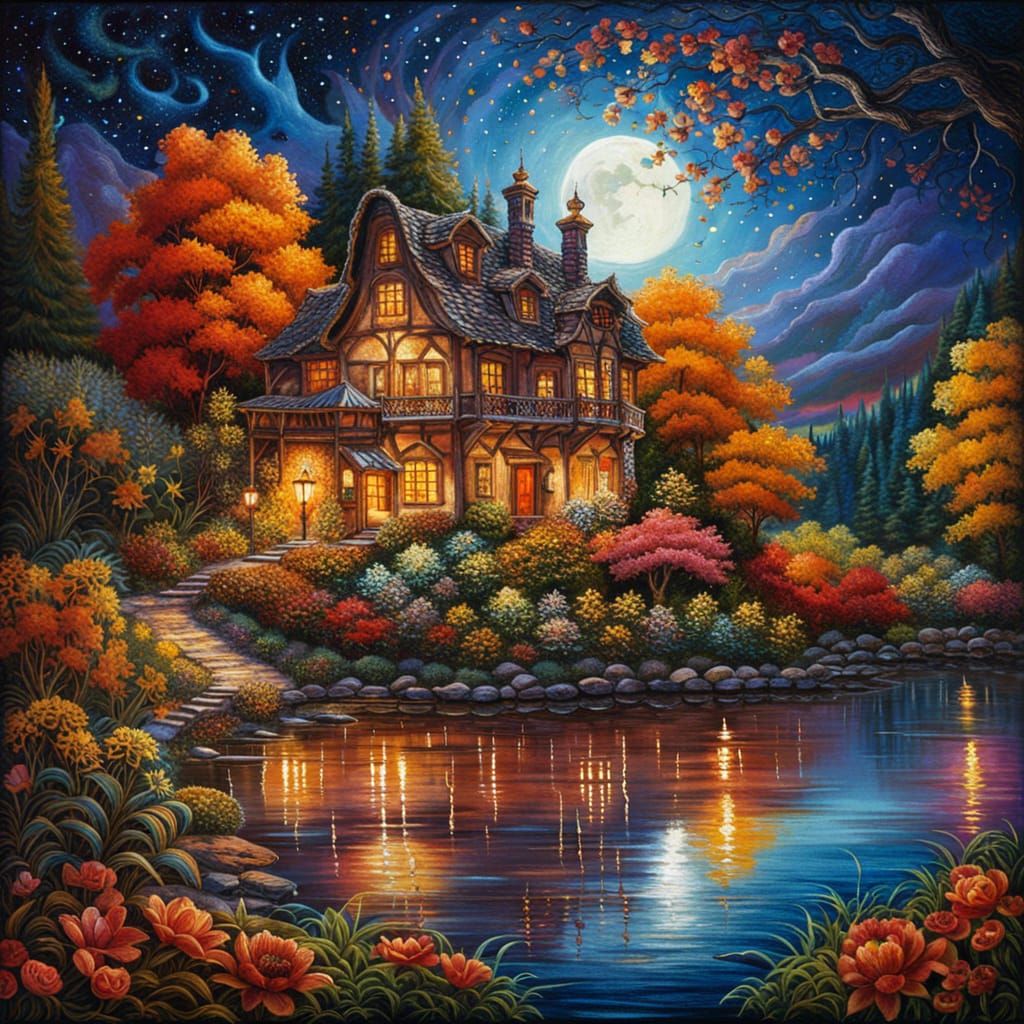 Autumn night in the house by the lake