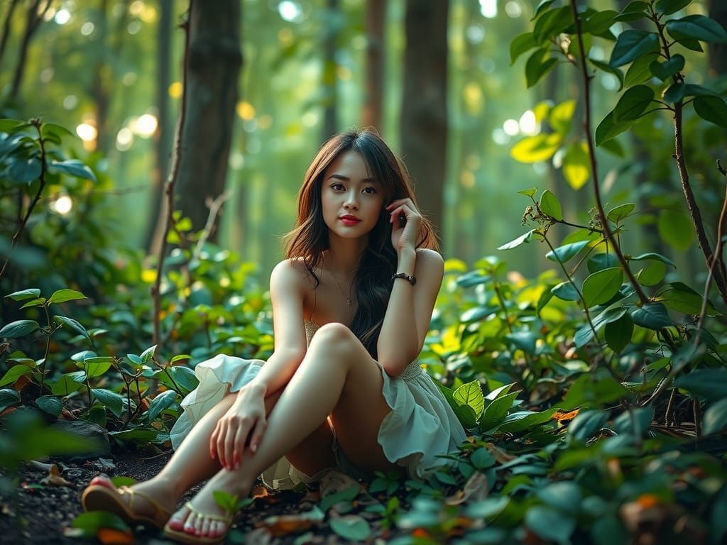 Lush Forest Scene of Serene Woman