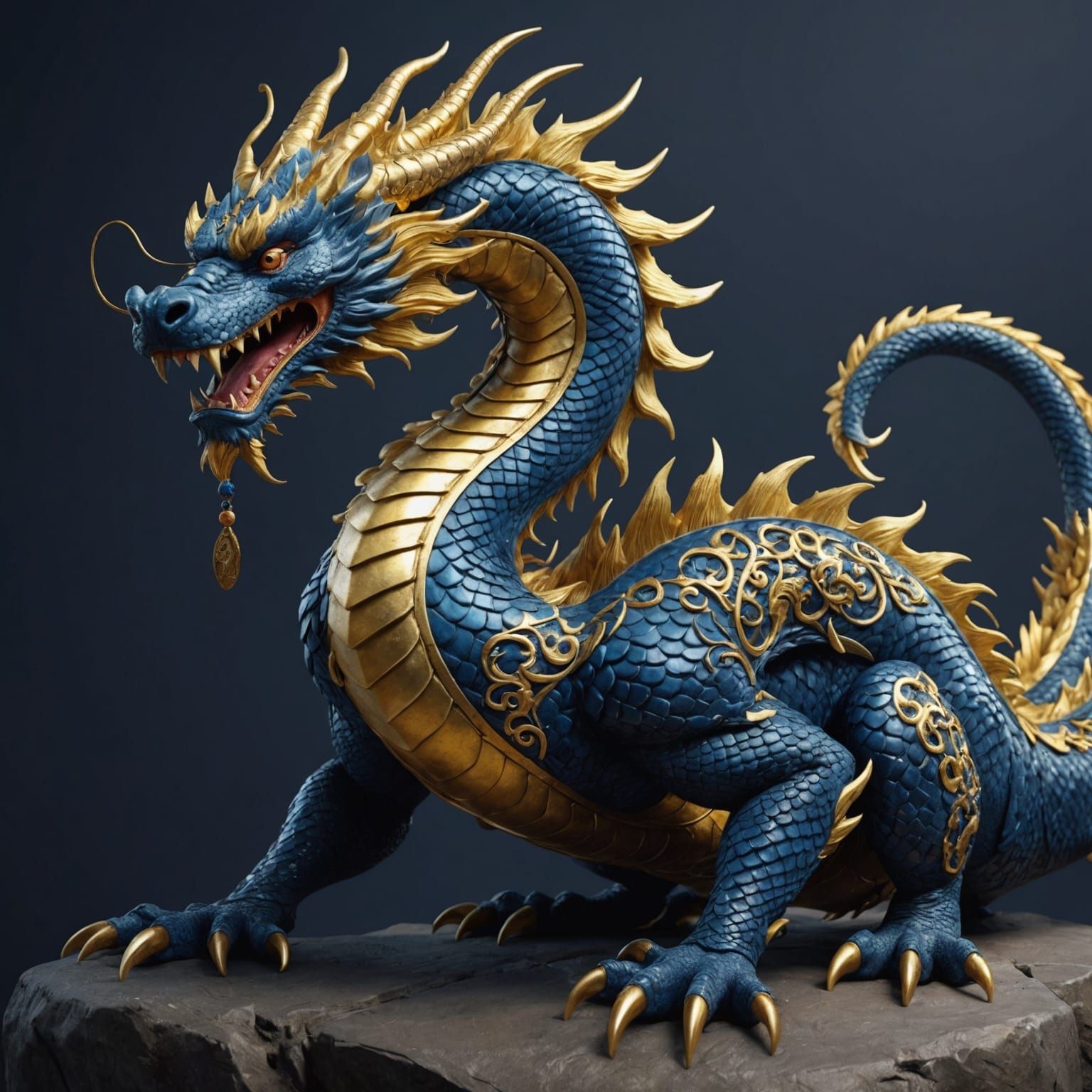 Navy Blue Dragon with Golden Patterns
