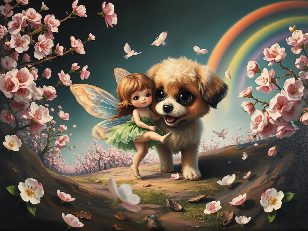 Chibi Fairy and Puppy Dance in Sakura Orchard