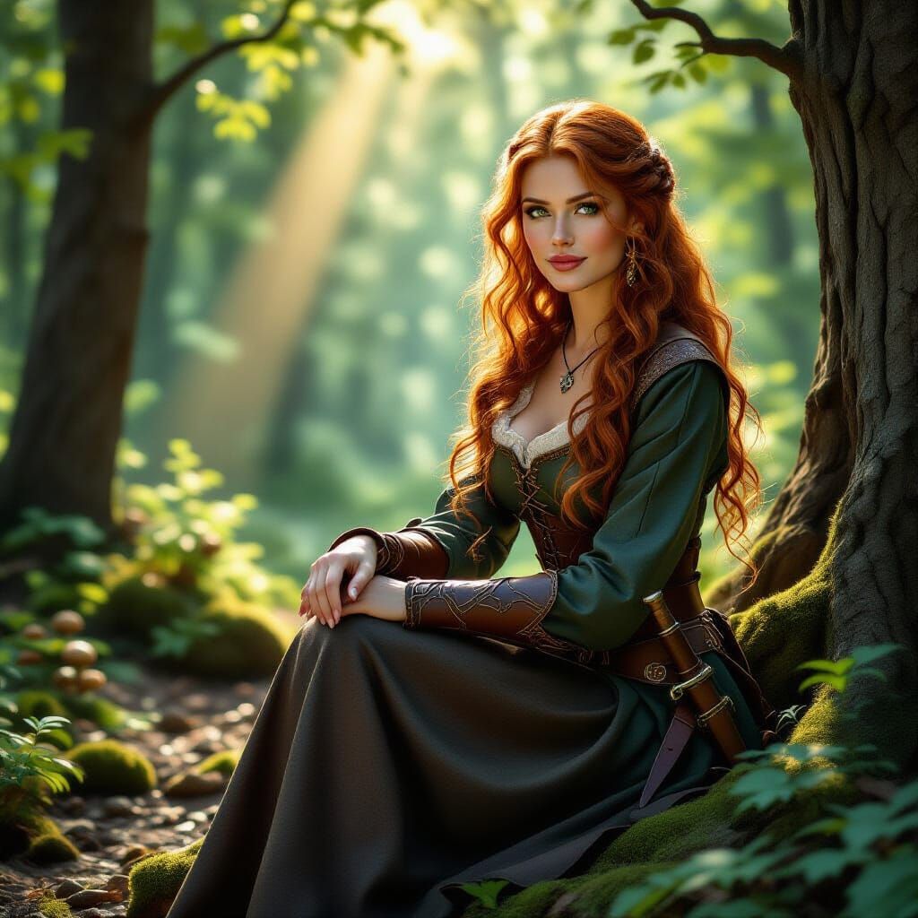 Medieval Woman in Forest, Hyperrealistic Art