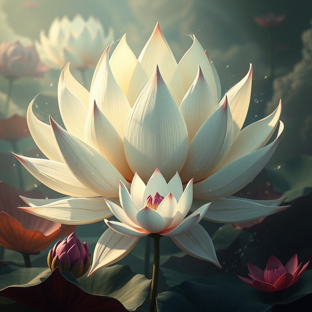 Ethereal Fantasy Realm with Ivory Lotus Blooming