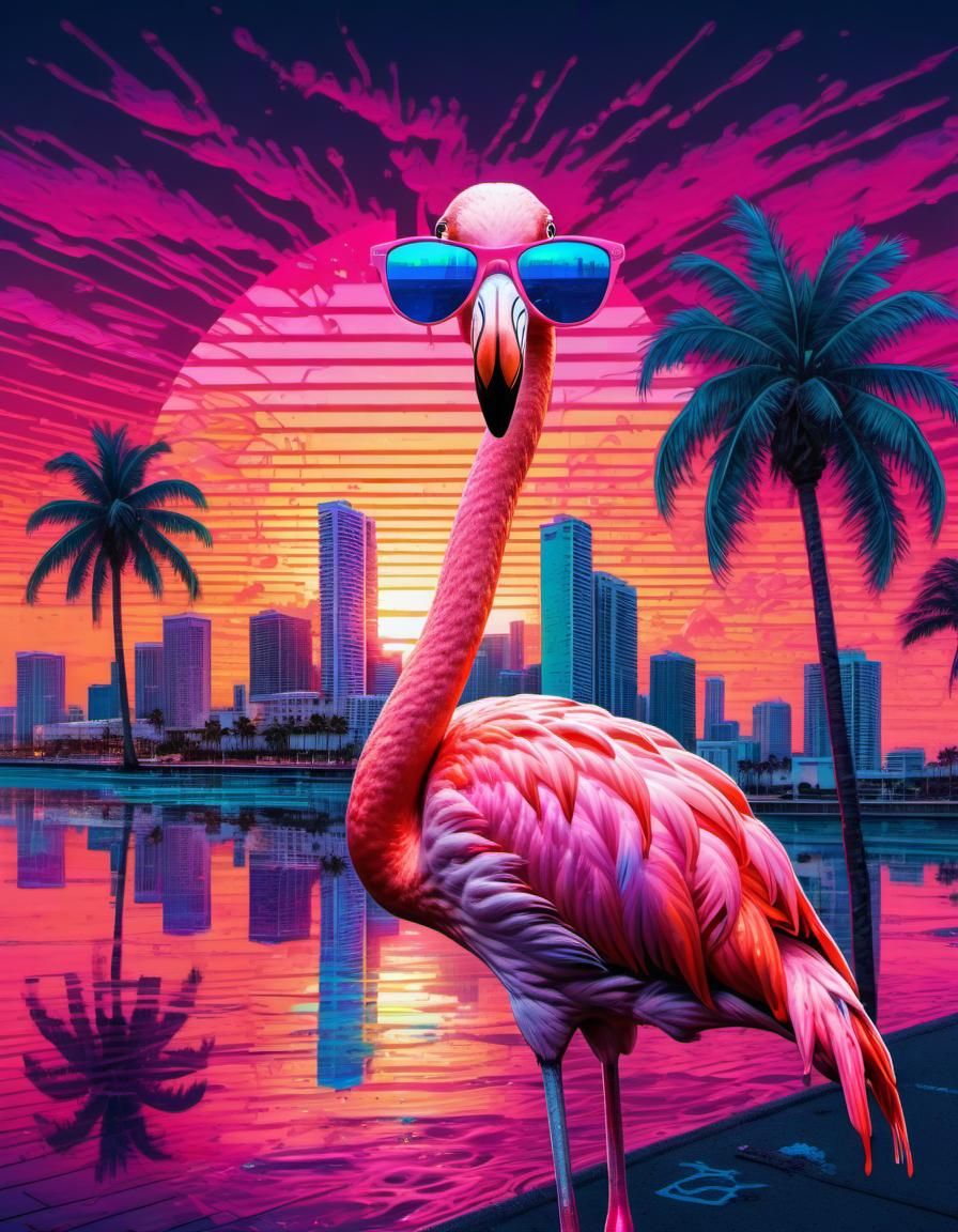 Vaporwave Flamingo on Miami Beach at Sunset