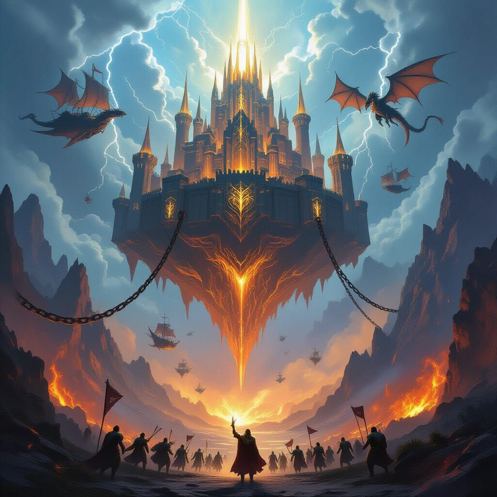 Enormous Floating Citadel Above Mountains in Epic Fantasy Ar...