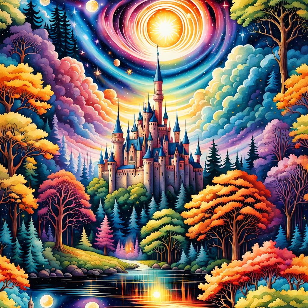 Watercolor Gothic Castle in Galaxy With Exploding Stars
