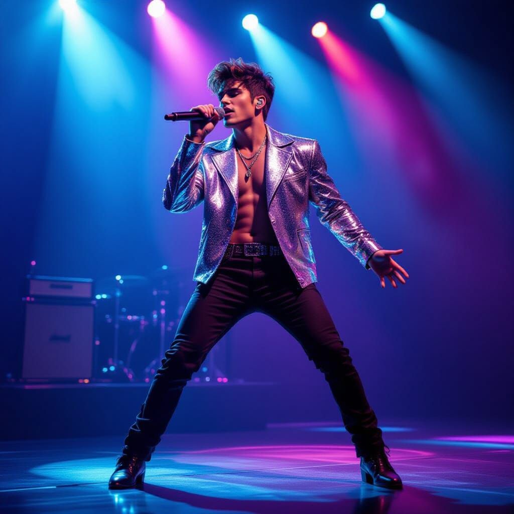 Dynamic Pop Star Performing Live in Silver Jacket