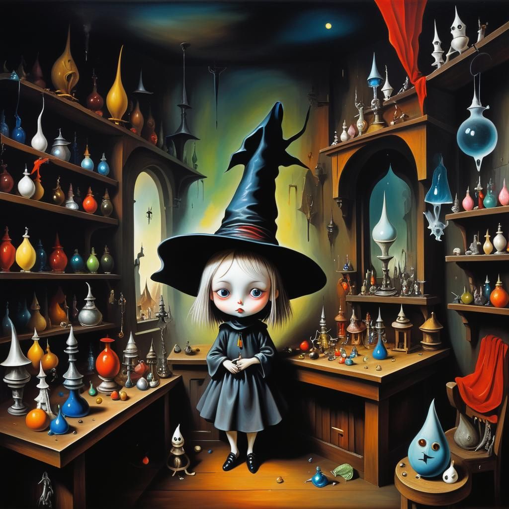 Chibi Witch in Magic Shop: Surrealist Oil Painting