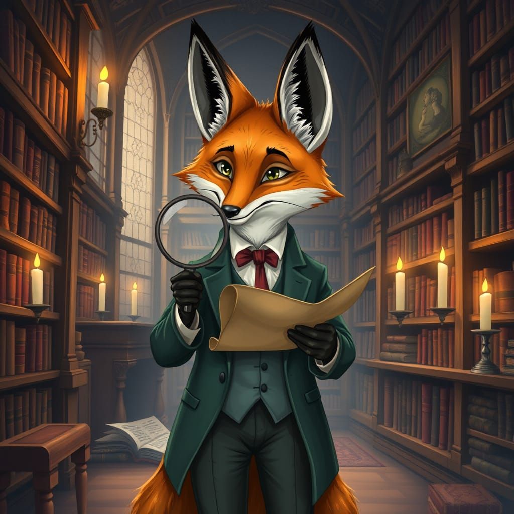 Surreal Whimsy: Fox Scholar in Ancient Library