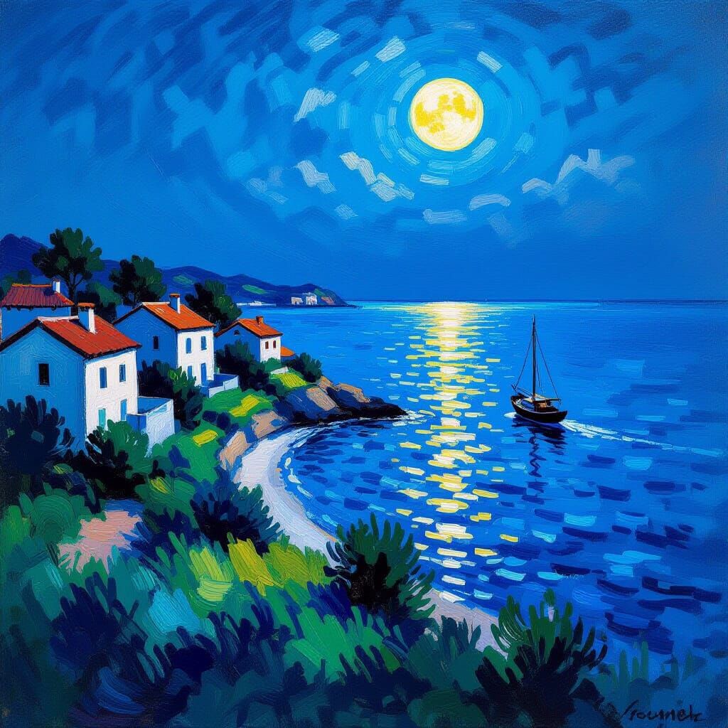 Impressionistic Oil Painting of Coastal Houses by Moonlight