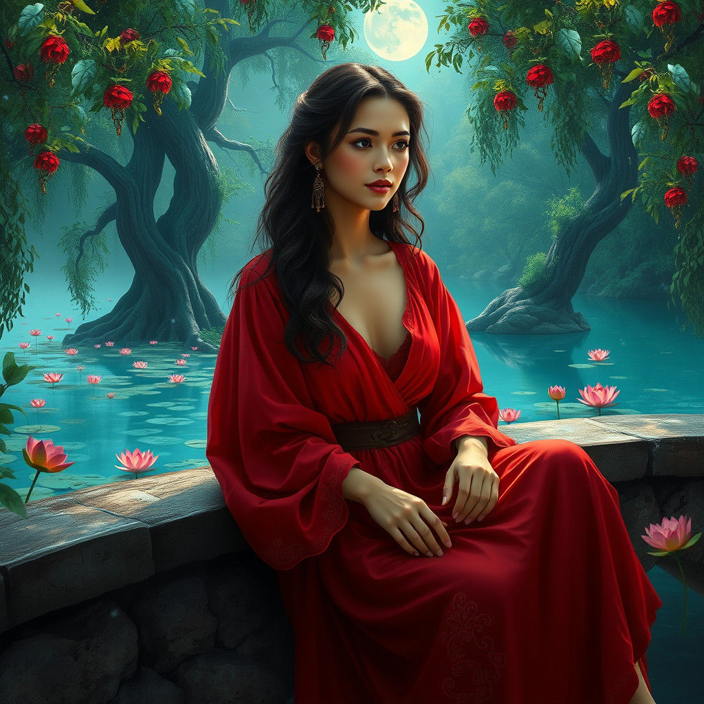 Grecian Woman on Stone Bridge in Enchanted Landscape