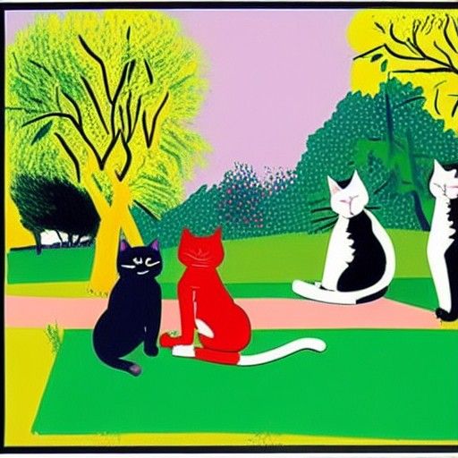 Cats in Park: 1990s Pop Art Style