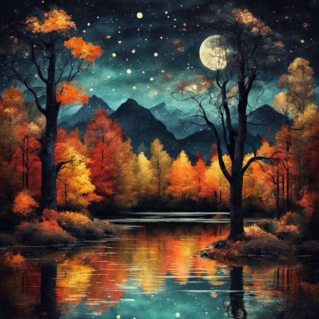 Colorful Autumn Forest Lake Impasto Painting