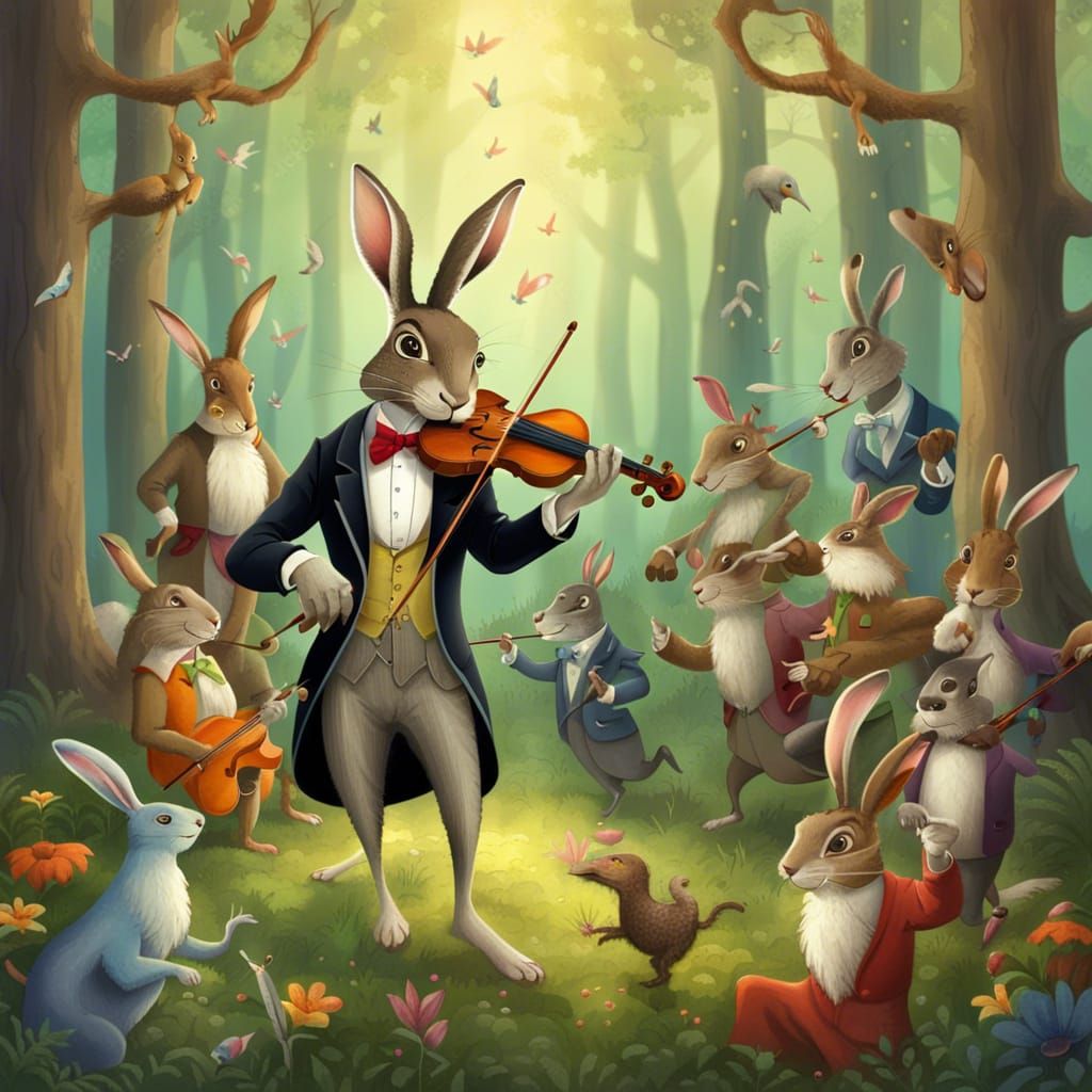 Hare Playing Violin in Enchanted Forest