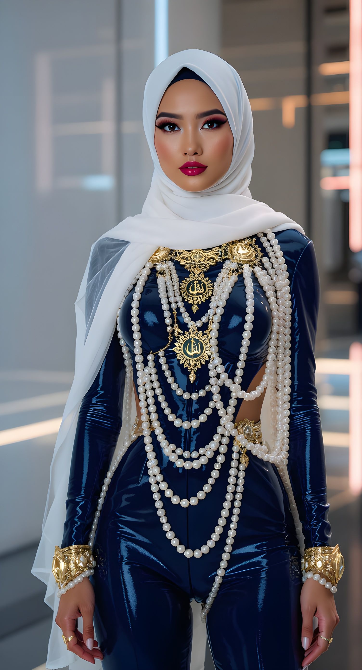 Asian Woman in Shiny Jumpsuit with Pearl Body Chain