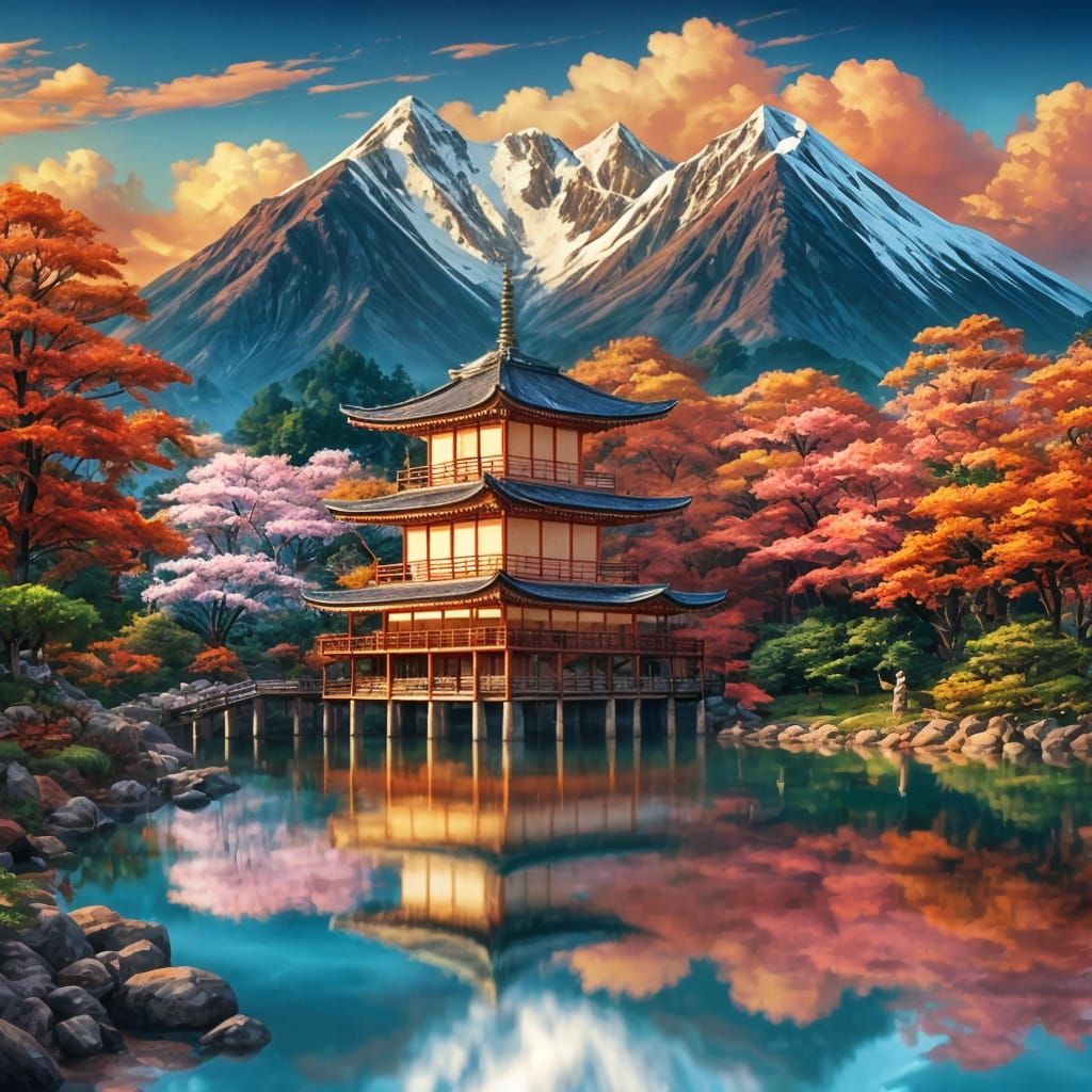 Breathtaking Japanese Mountain Sunset with Pagodas