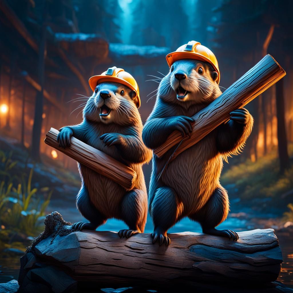 Beavers Constructing Dam in Hyperrealistic Style