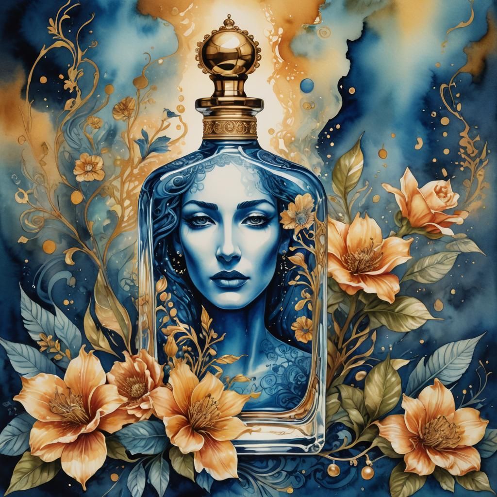 Mystical Perfume Bottle in Watercolor Dreamscape