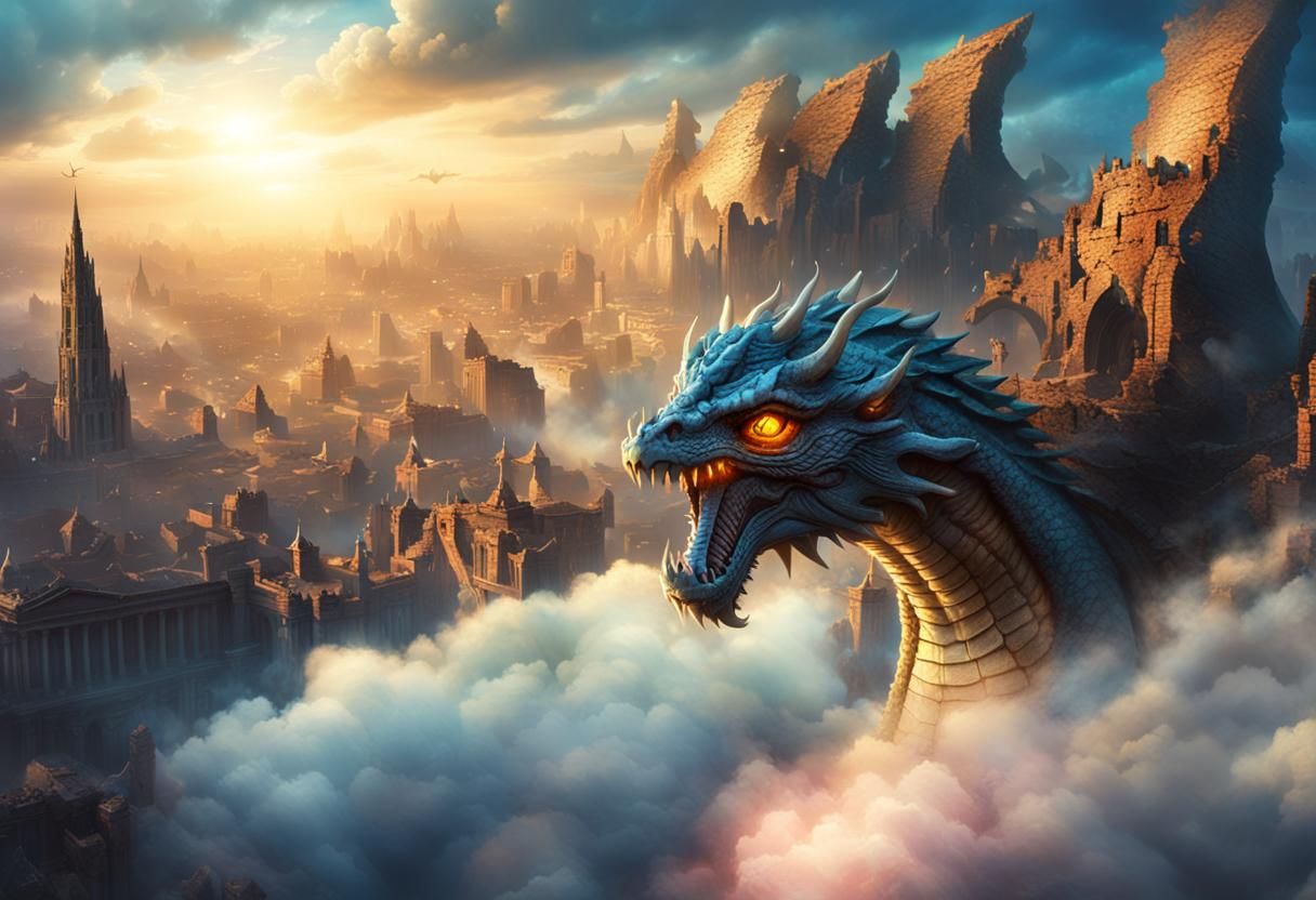 Majestic Dragon Over Ruined Cityscape: Digital Matte Paintin...