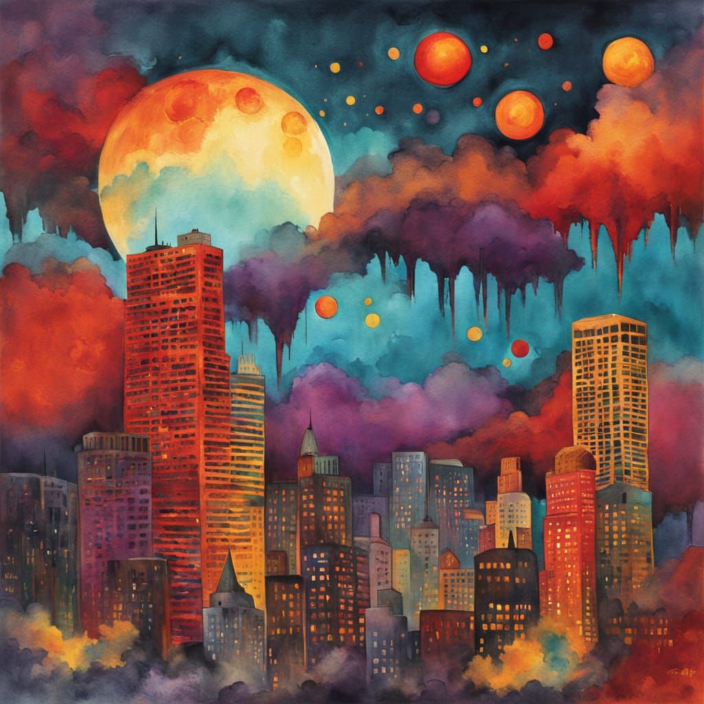 Colorful Watercolor Alien City Destruction