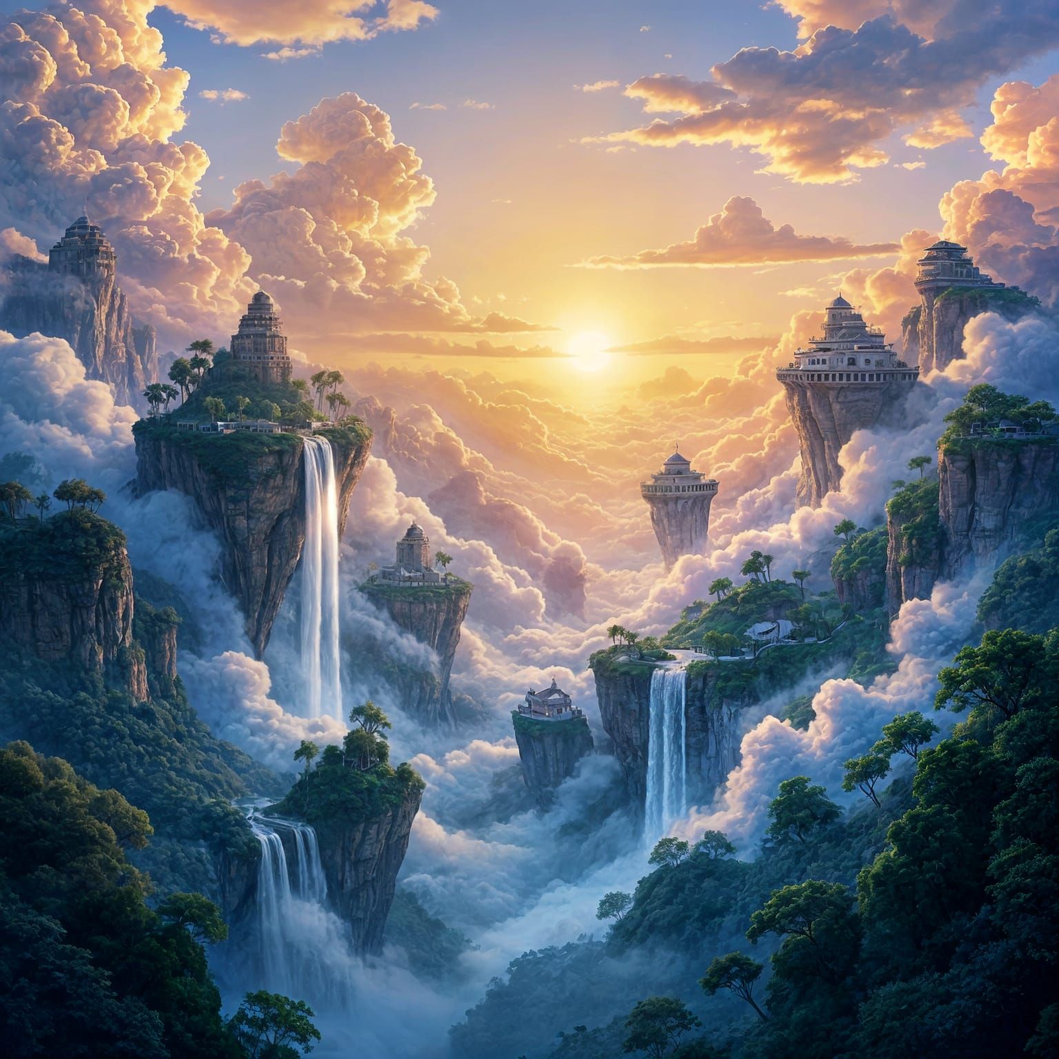 Magical Floating Islands Fantasy Landscape at Sunset