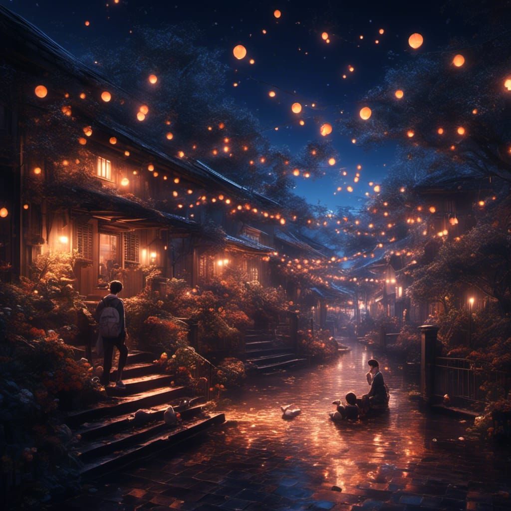 Black-Haired Man at Night Market in Anime Style