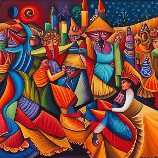Folk Dancers in Abstract Street Scene