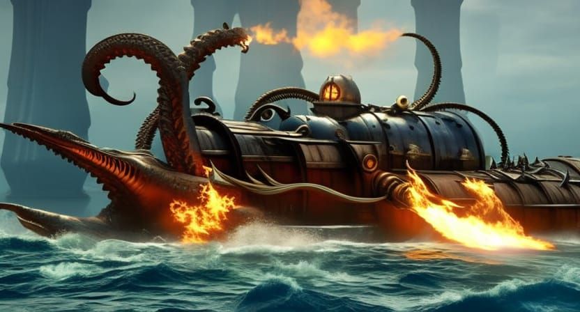 Steampunk Nautilus Under Attack by Sea Monster
