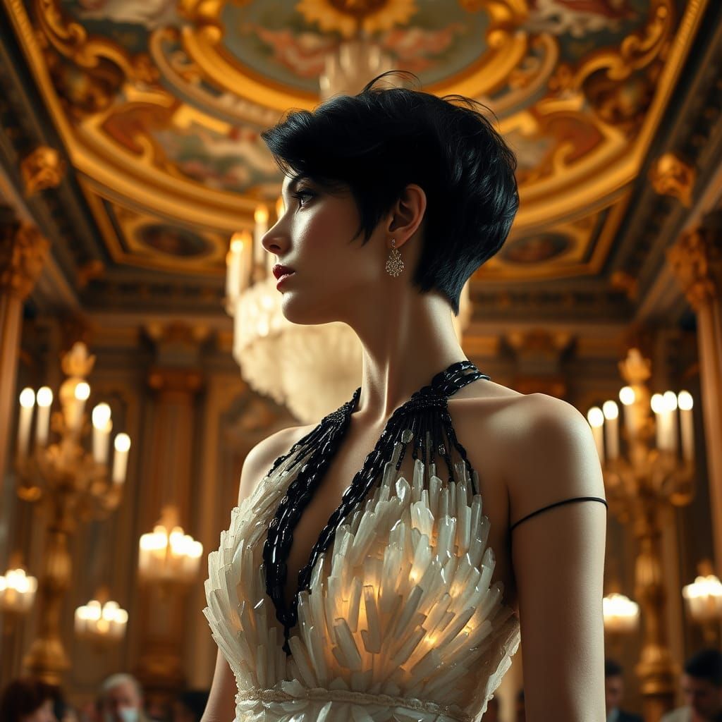 Crystalline Dress in Opulent Ballroom, Hyperrealistic Image
