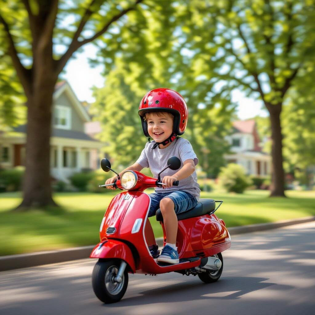 Joyful Boy Rides Scooter Through Sunny Park