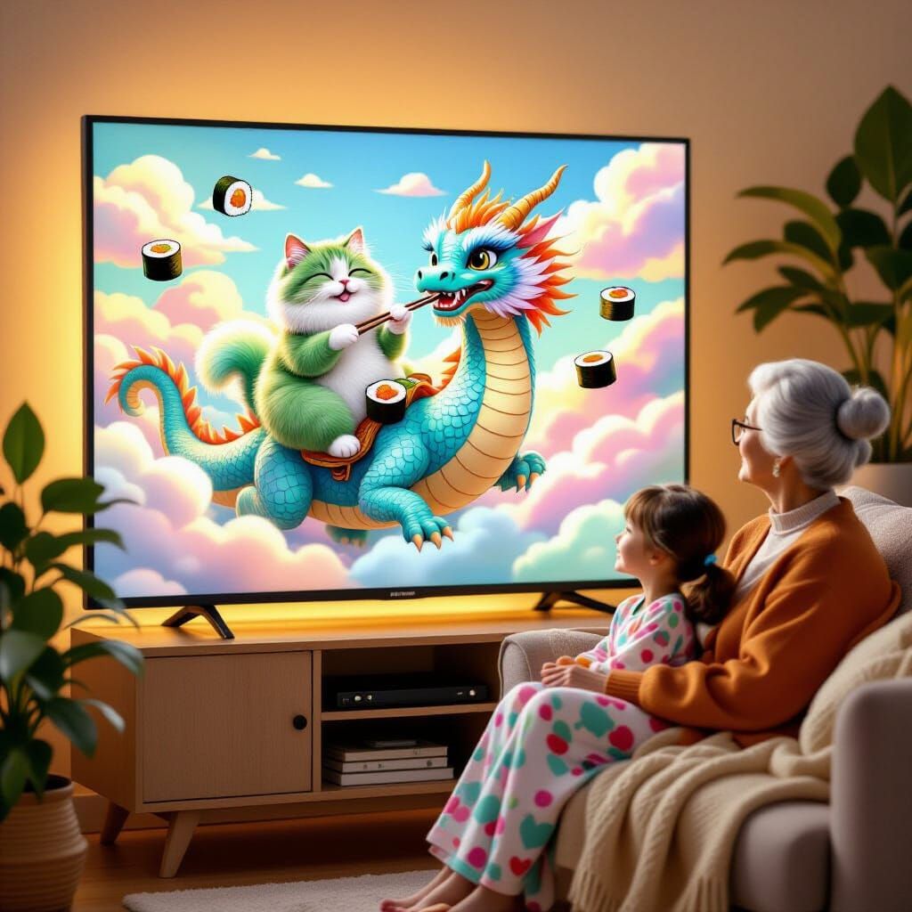 Green Cat Rides Blue Dragon in Whimsical Fantasy