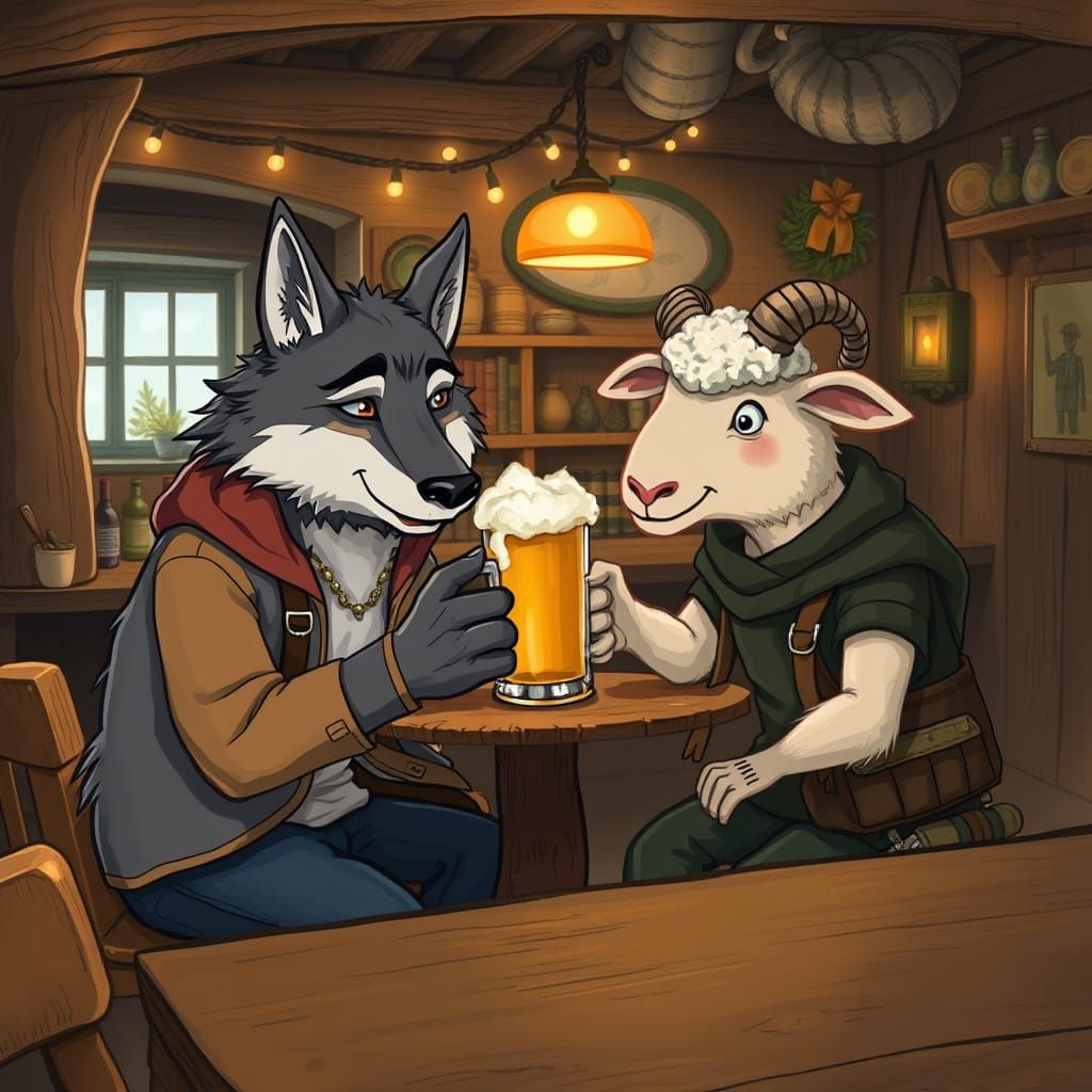 Anthropomorphic Wolf and Sheep in Cozy Bar