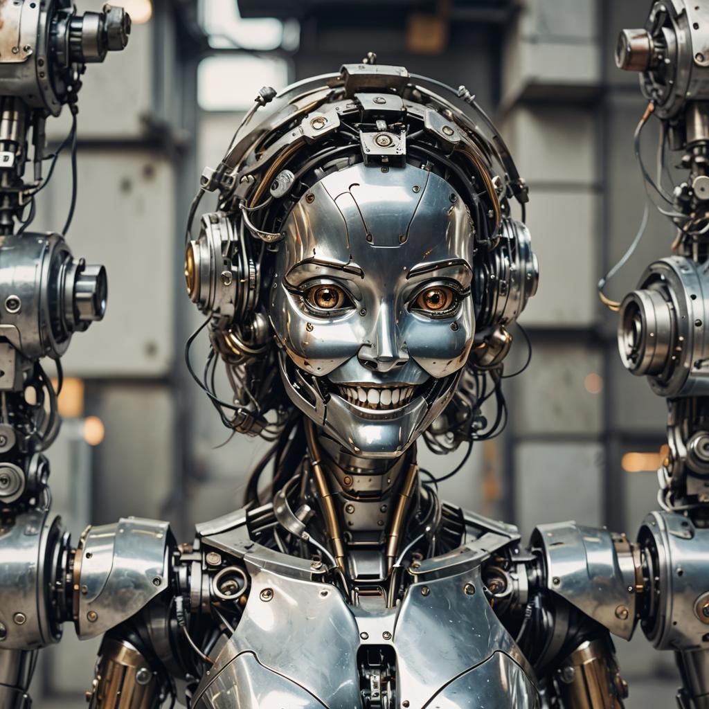 Smiling Metal Woman Robot: AI-Generated Beauty