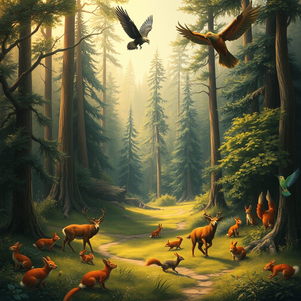Whimsical Forest Scene in Dreamy, Mystical Realism Style