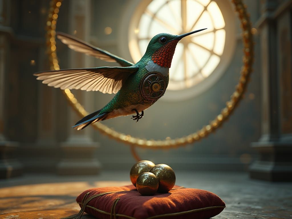 Clockwork Hummingbird in Victorian Observatory, Steampunk Ma...