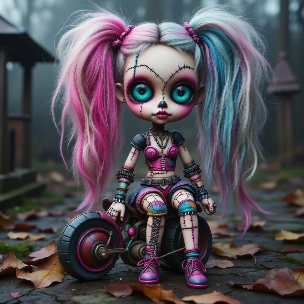 Harley Quinn Lookalike on Chopper with Pink-Blue Dreadlocks