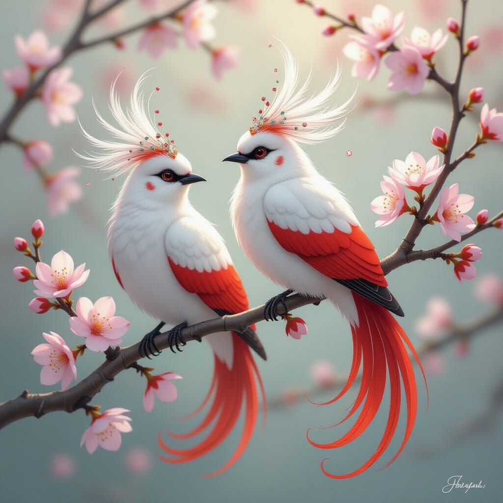 Fantasy Birds on Cherry Blossom Branch, Luminous Illustratio...