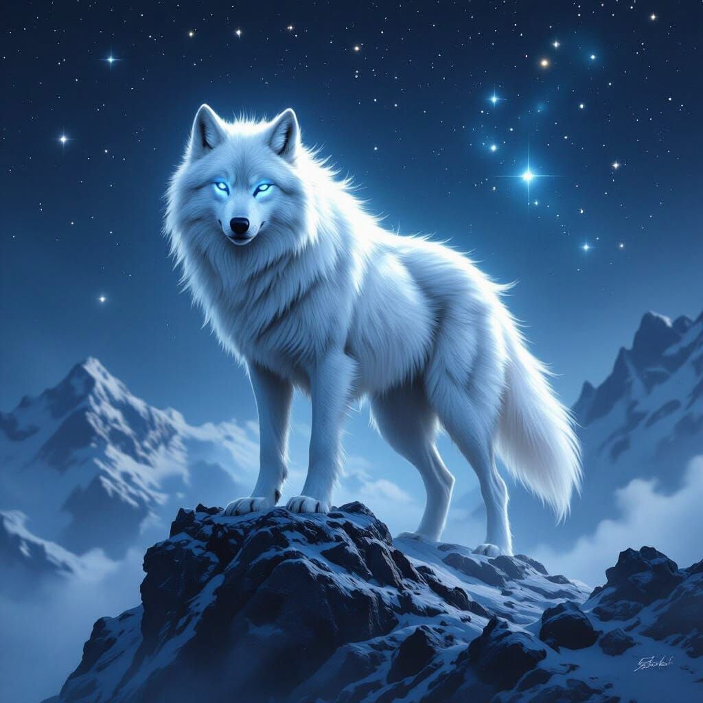 White Wolf on Mountain Peak Under Starry Sky