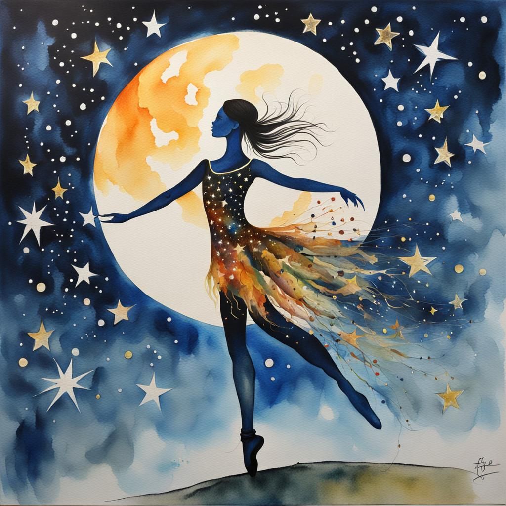 Watercolor Dancer Under the Moonlit Sky