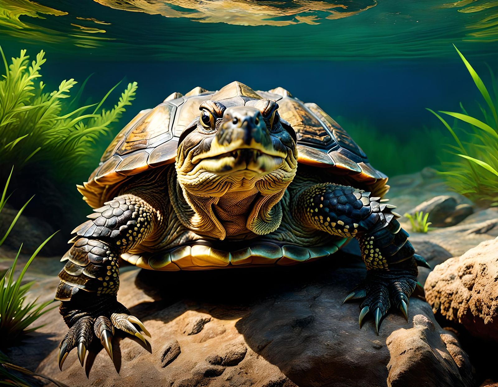 Snapping Turtle in Natural Habitat as Oil Painting