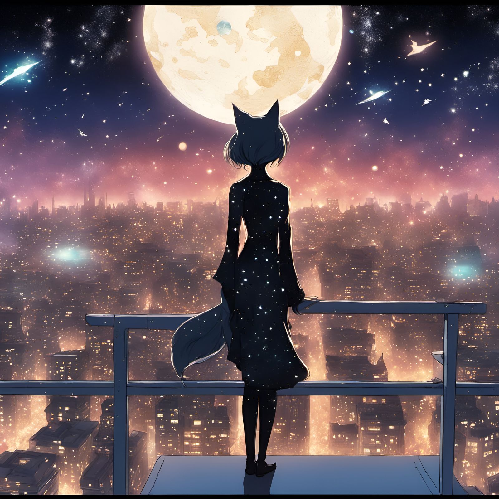 Evocative rooftop scene, catgirl starry constellations glow and fade, expansive cosmic fantasy nightsk , sequins stars s...